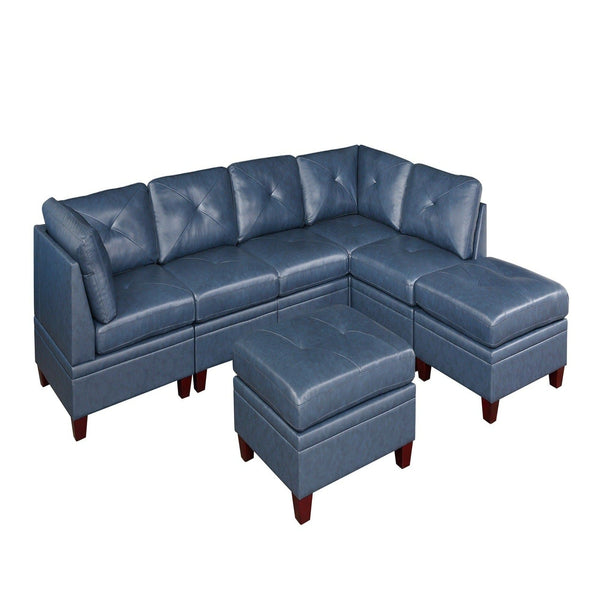 Blue Genuine Leather Sofa & Ottoman Set | 7 Pcs1mattress xperts