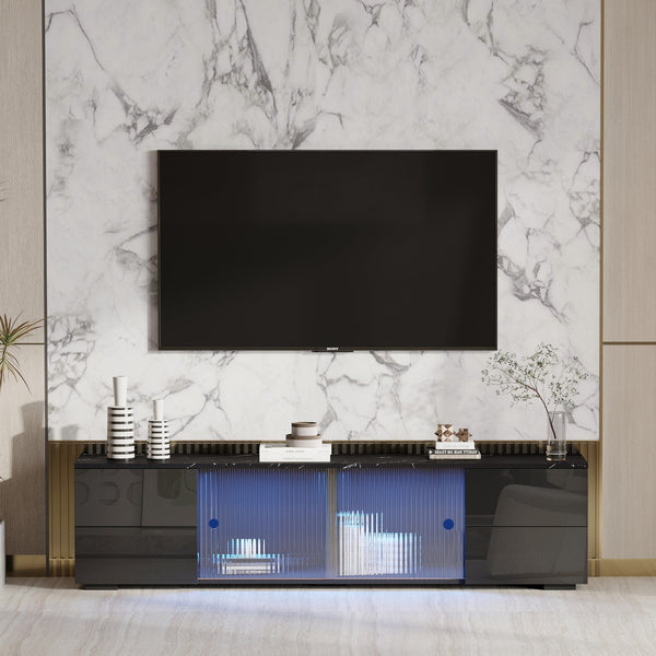 Modern Black TV Stand Console with Sliding Glass1On-Trend