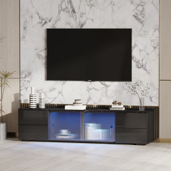 Modern Black TV Stand Console with Sliding Glass2On-Trend