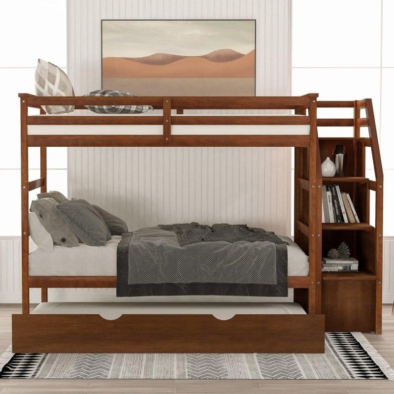 DTYStore Twin-Over-Twin Bunk Bed with Trundle Twin Trundle Bed | Toddler, Natural Oak Finish  Mattress-Xperts-Florida