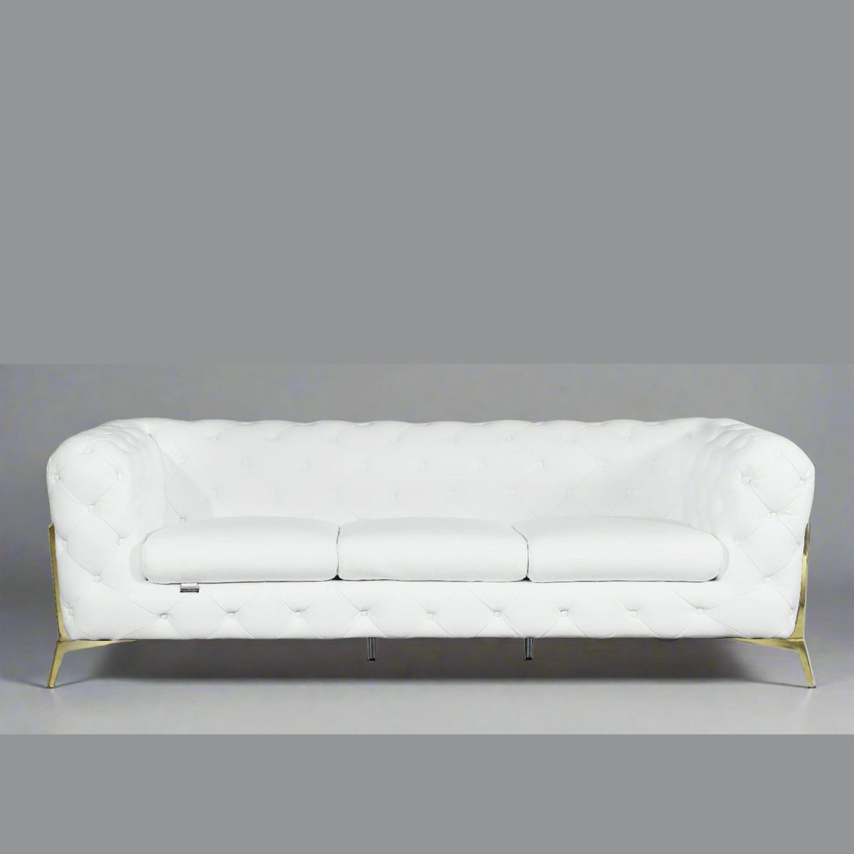 White Top Grain Leather Tufted Sofa Gold Trim