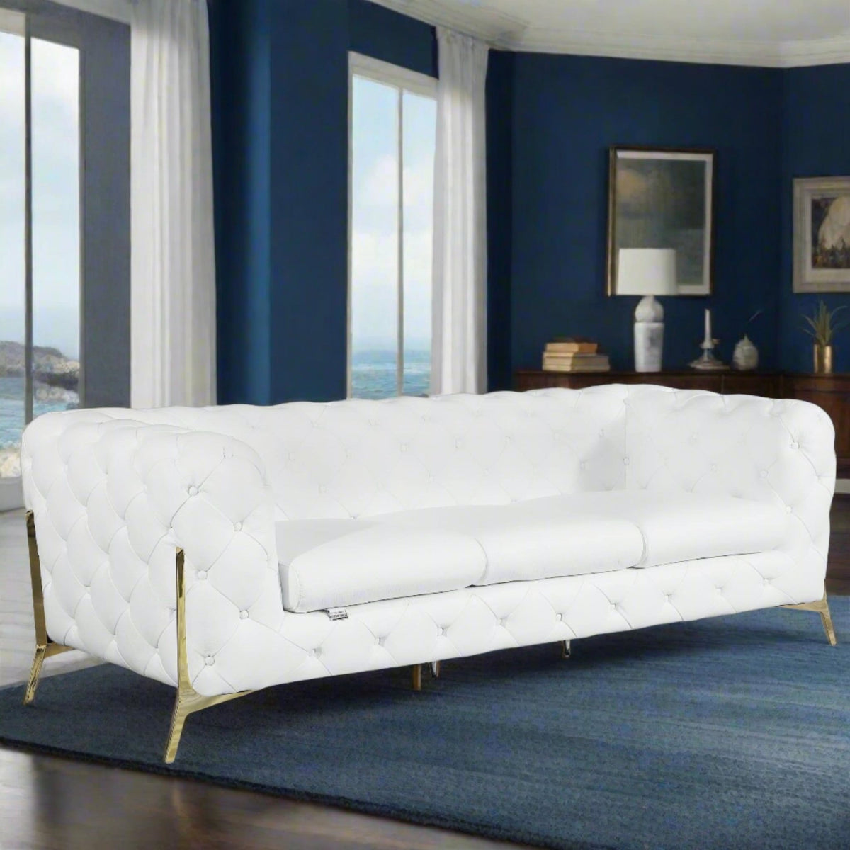 White Top Grain Leather Tufted Sofa Gold Trim