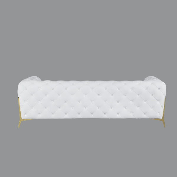 White Top Grain Leather Tufted Sofa Gold Trim