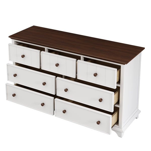 White and Walnut Seven-Drawer Dresser