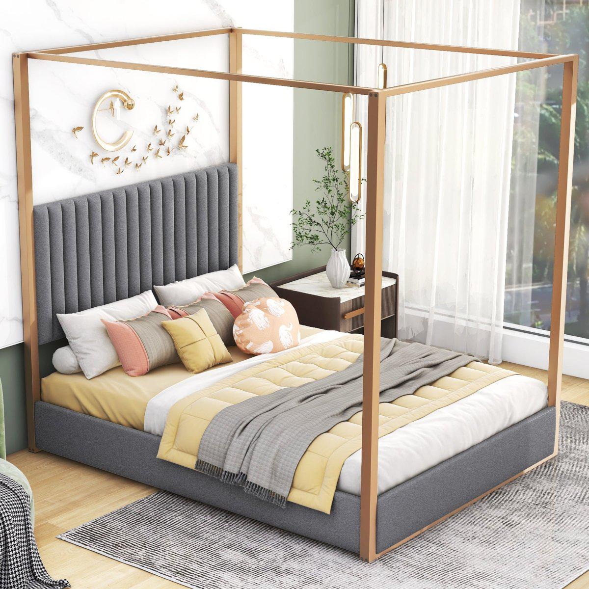 Restoration Style Queen Size Upholstery Canopy Platform Bed with Headboard
